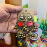 Kashmiri Ruby Red Oxidized Jhumka