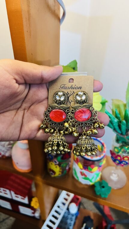 Kashmiri Ruby Red Oxidized Jhumka