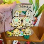 Kashmiri Mint Stone Premium Golden Jhumka
