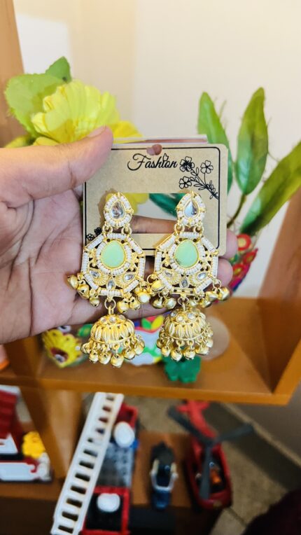 Kashmiri Mint Stone Premium Golden Jhumka