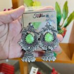 Oxidized Green Stone Jhumka Earrings