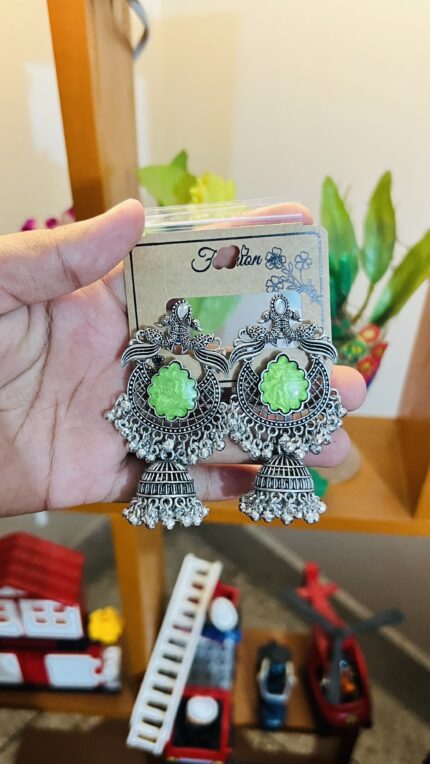 Oxidized Green Stone Jhumka Earrings