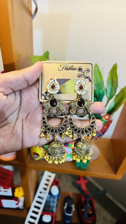 Antique Gold Red Stone Jhumka