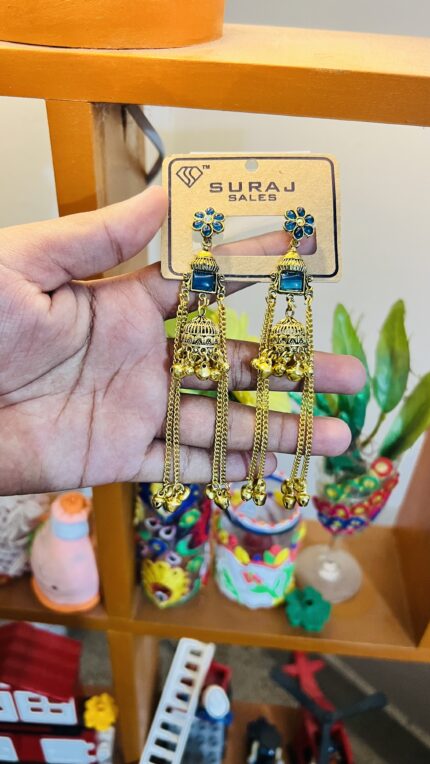 Blue Stone Long Tassel Jhumka