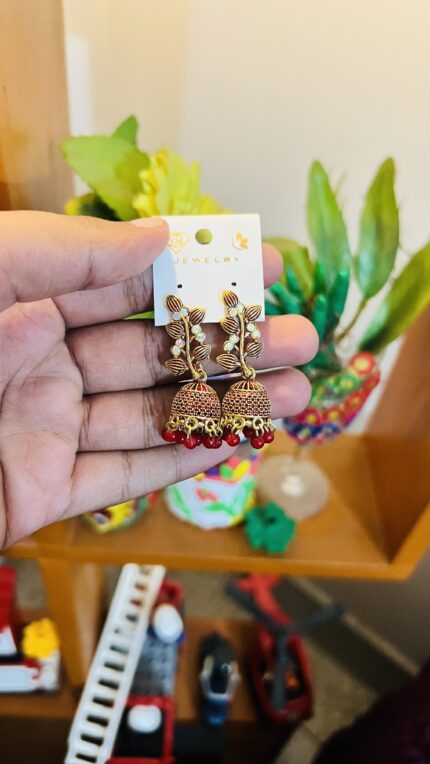 Floral Antique Jhumka – Red Beads