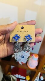 Oxidized Silver Blue Jhumka - Image 2