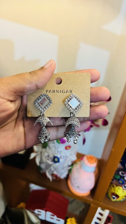 Oxidized Mirror Jhumka Earrings